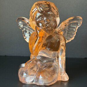 Vintage Glass Angel Cherub Candleholder Peach Colored Memorial Home Décor 6 Inch